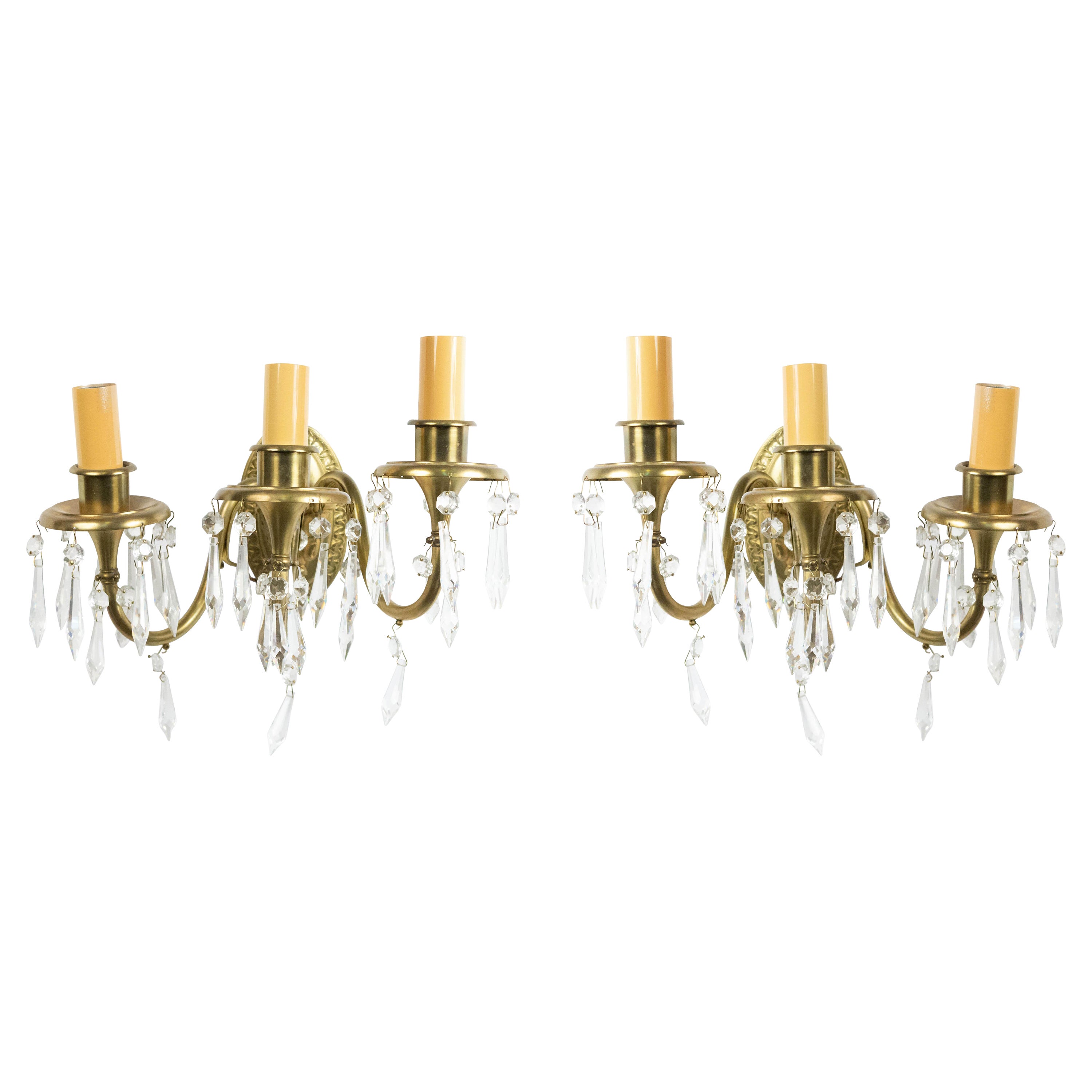 American Victorian Style Bronze and Crystal Wall Sconces For Sale