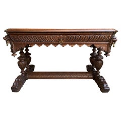 Antique French Carved Oak Dolphin Sofa Table Desk Renaissance Gothic 19th c