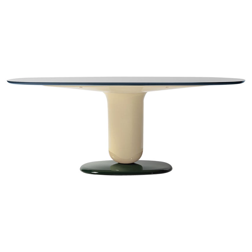 Contemporary oval dining table ivory, dark green gloss lacquered fibre glass  