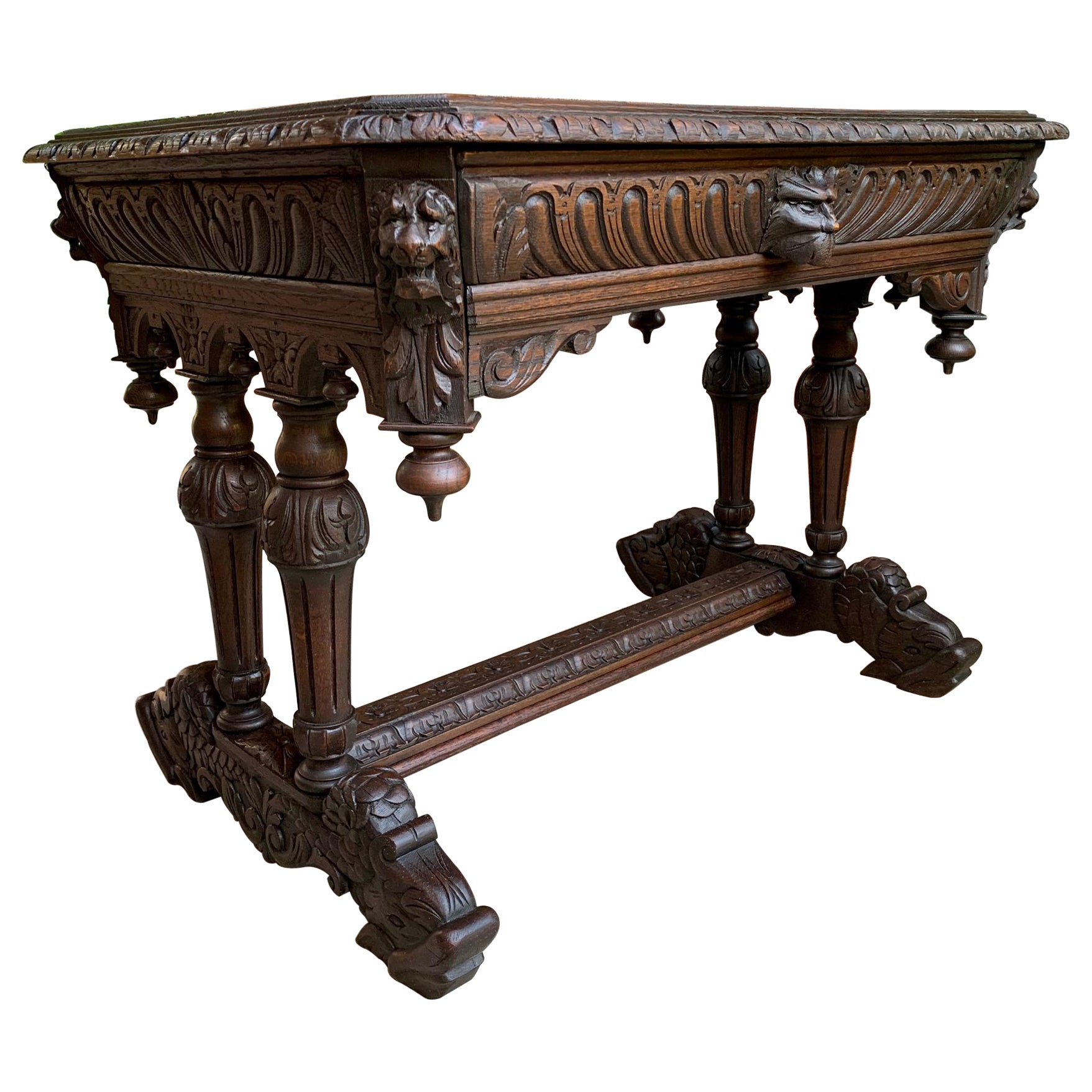 19th century French Carved Oak Dolphin Sofa Table Desk Renaissance Gothic 