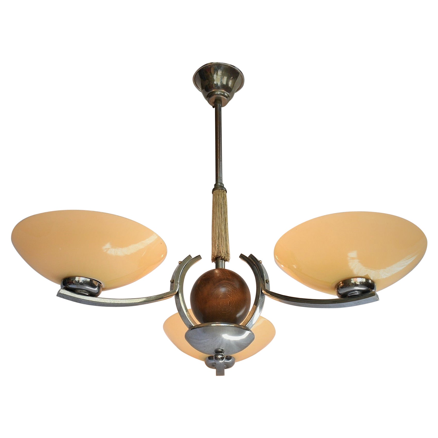 Art Deco Wood and Chrome Chandelier, 1931s For Sale