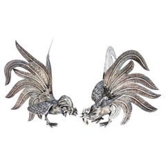 Pair of Large Silver Plate Roosters, France 1960s