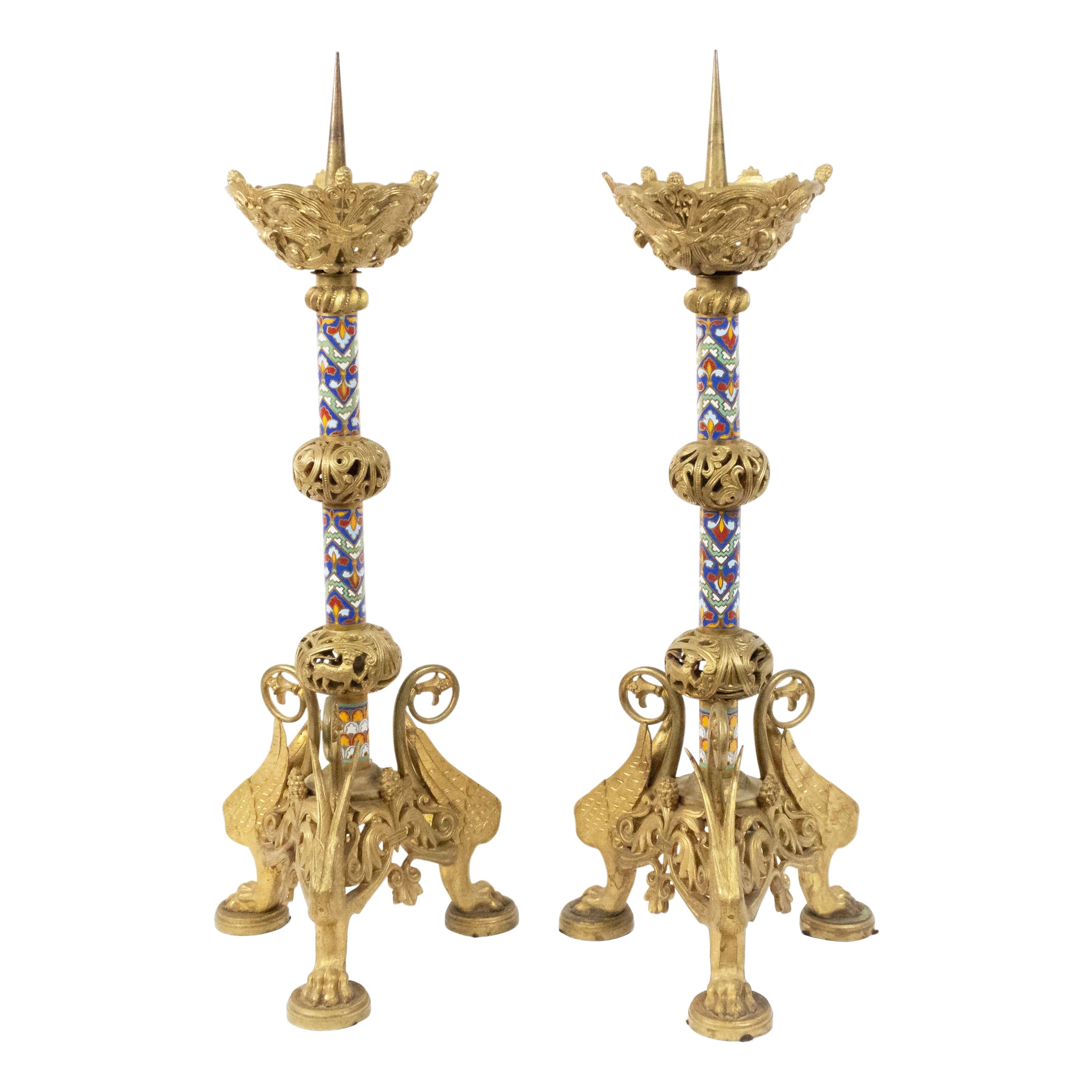 Pair of French Empire Style 19th Century Bronze Dore Altar Candlesticks For Sale