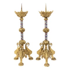 Pair of French Empire Style 19th Century Bronze Dore Altar Candlesticks