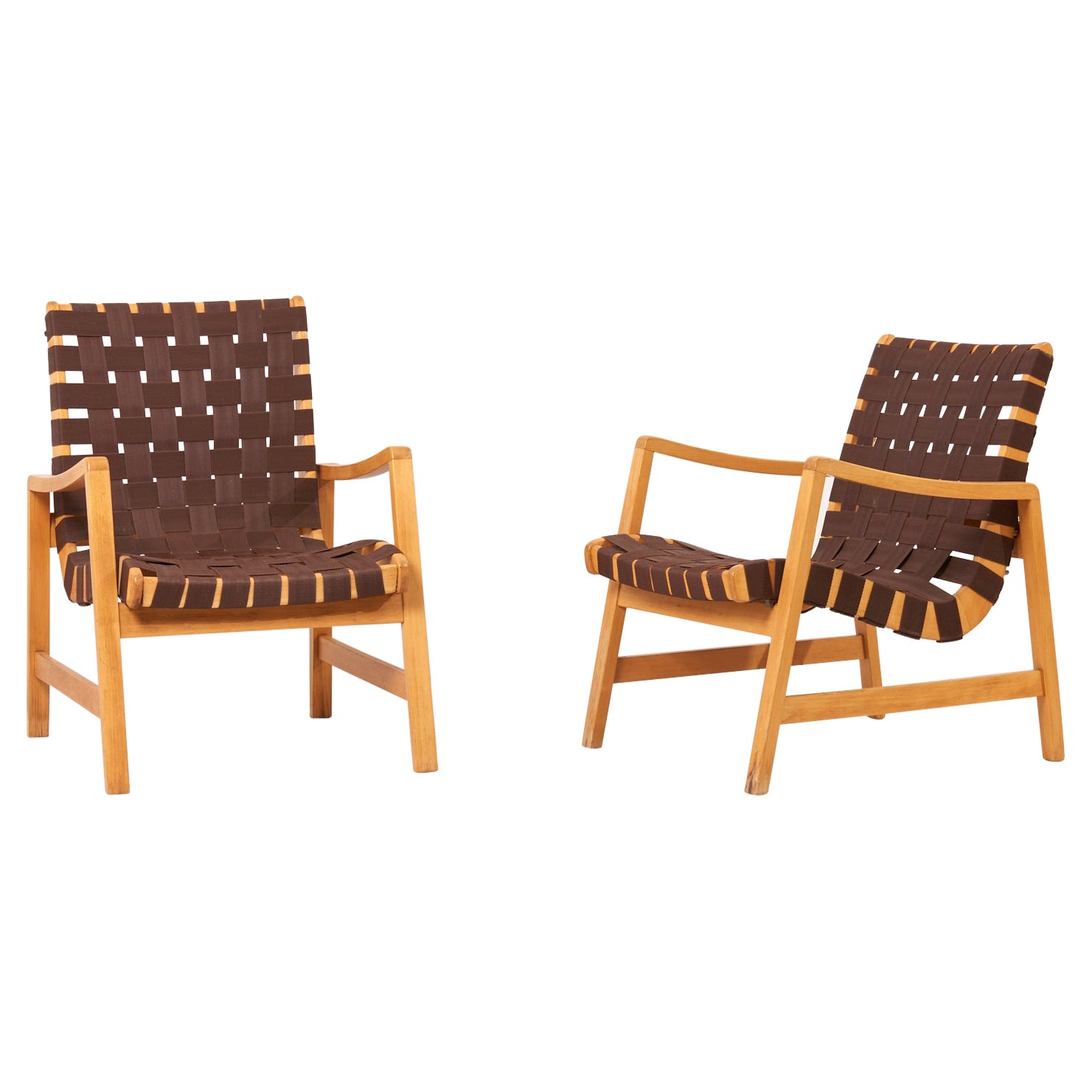 Paar Jens Risom Lounge Chairs aus braunem Gurtband für Knoll, 1950er Jahre im Angebot