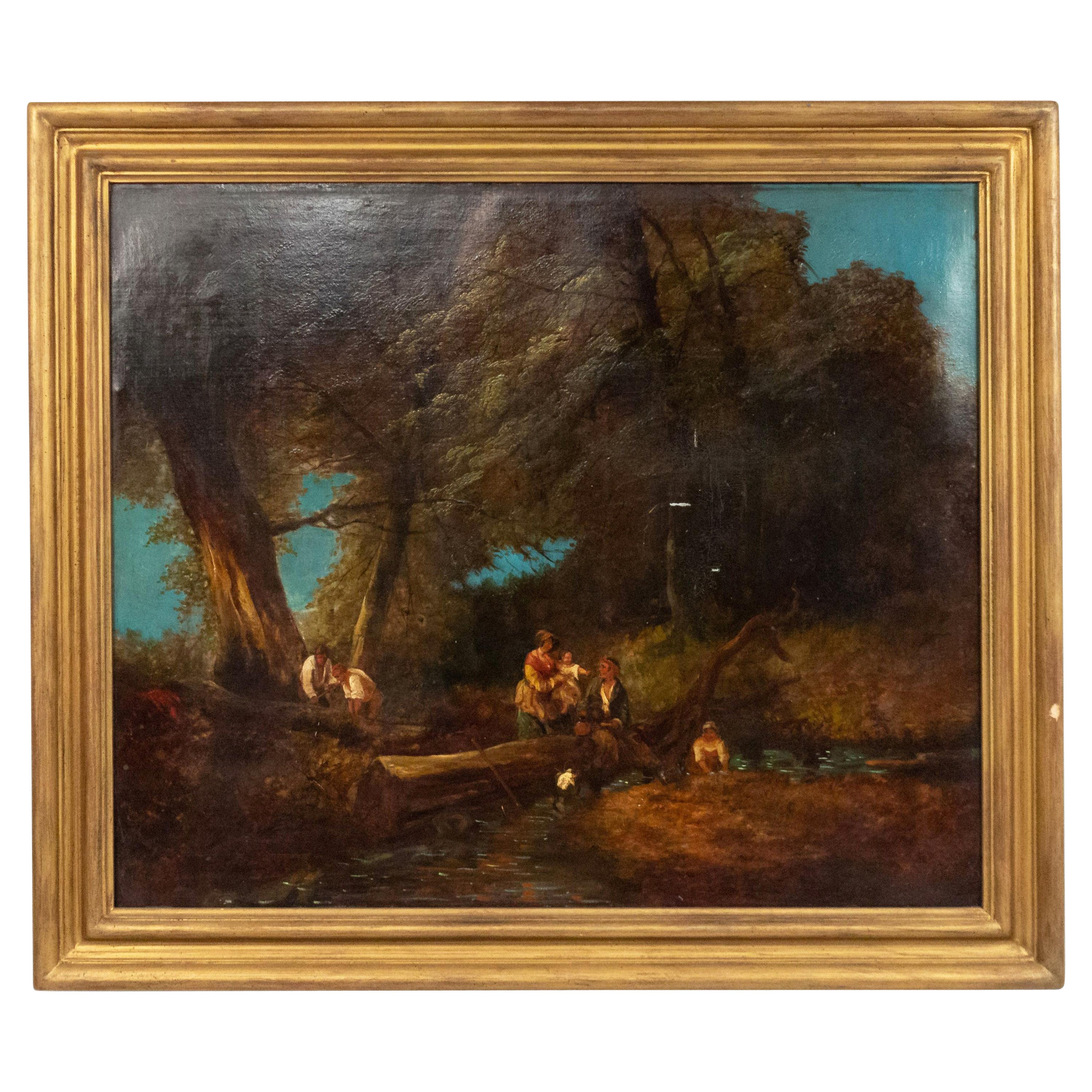 Late 19th Century Oil Landscape of Figures in a Forest