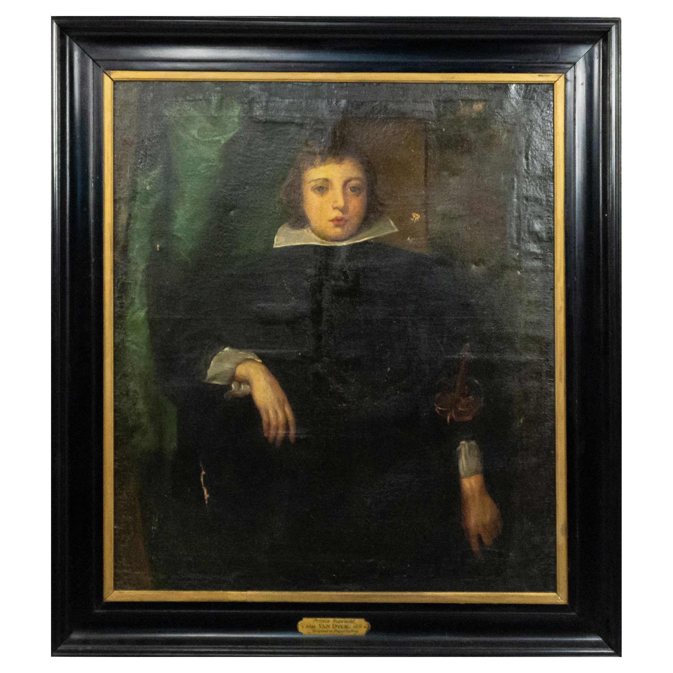 Portrait à l'huile encadré de style néerlandais du 19ème siècle dans le style de Van Dyke en vente