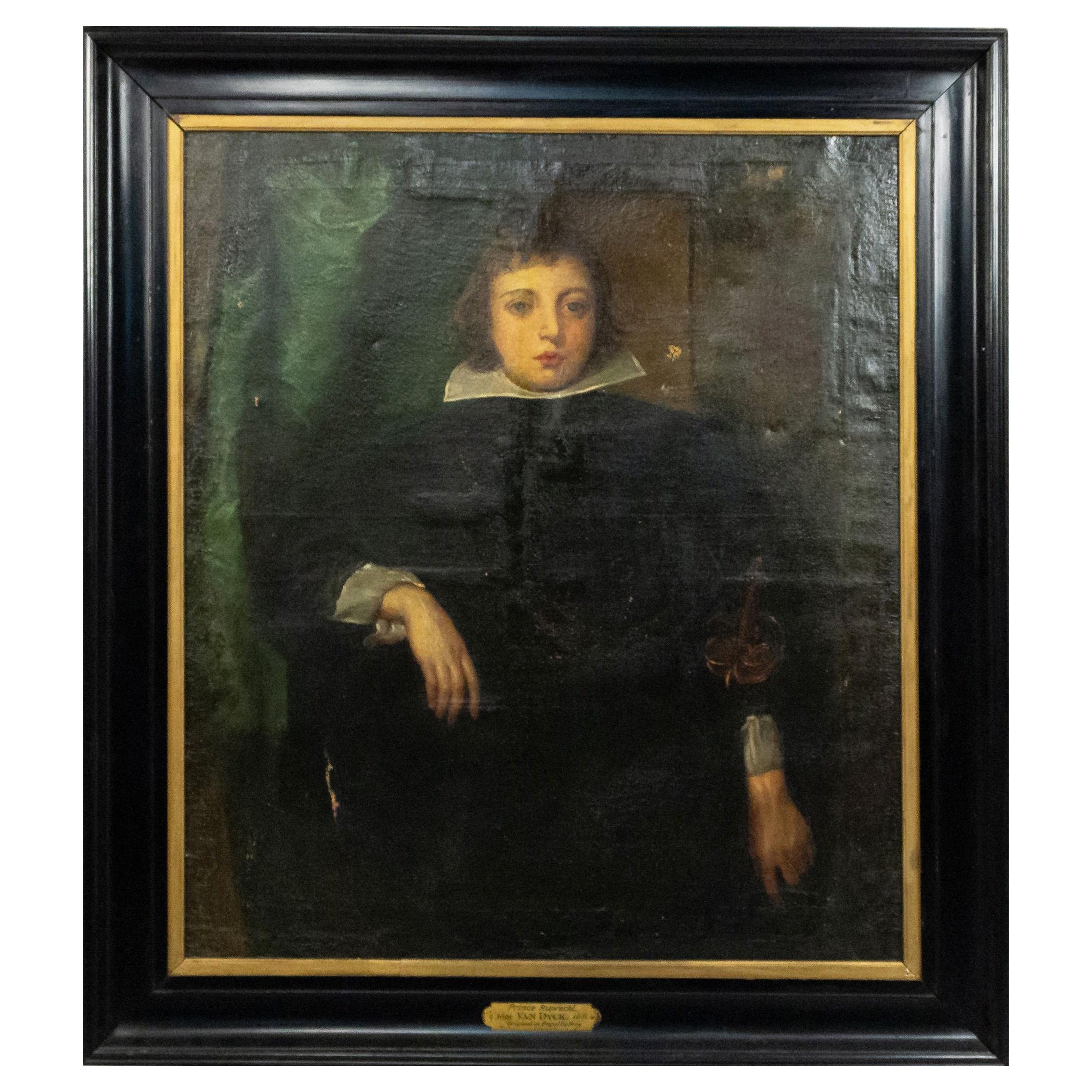 Ritratto ad olio del XIX secolo in stile olandese incorniciato nello stile di Van Dyke