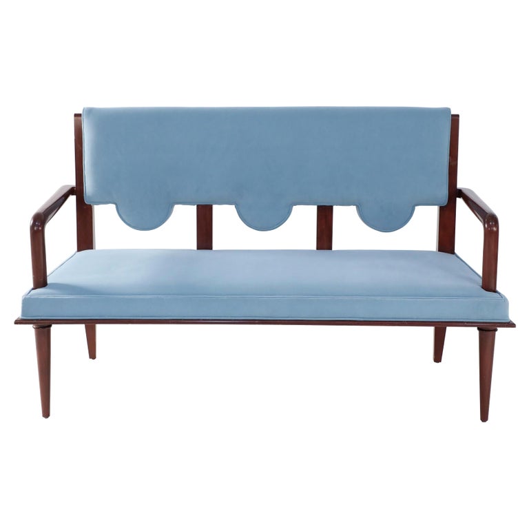 French MidCentury Style Light Blue Velvet Upholstered Loveseat For Sale at 1stDibs