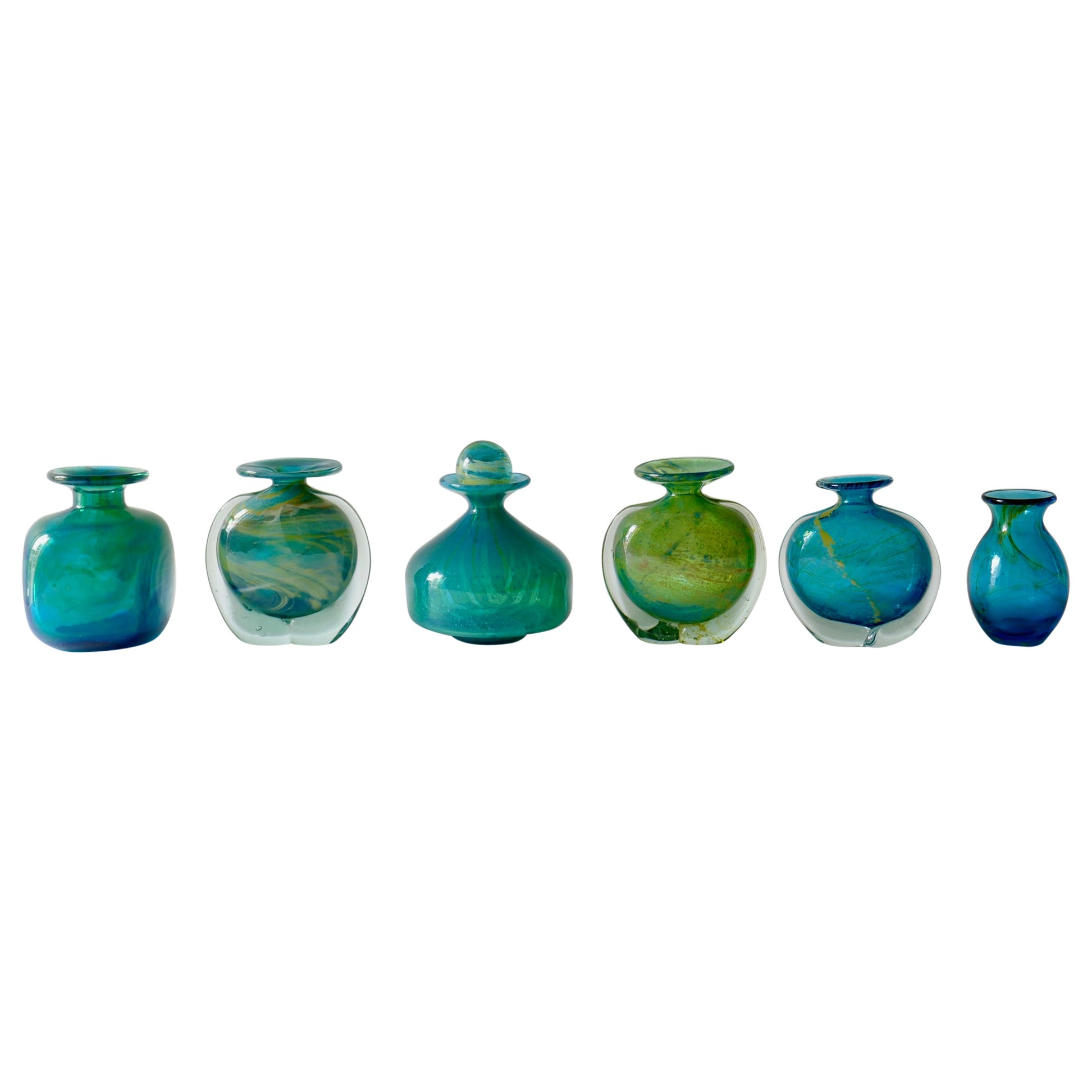 Set of 6 Mdina Turquoise Blue and Green Glass Vases, 1960s
