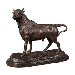 Vintage Decorative Bull Statue, Bronze, Marble, Ornament, After Barye, C.1960