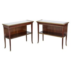 Pair of French Mid-Century Mahogany and Marble Top Console Tables