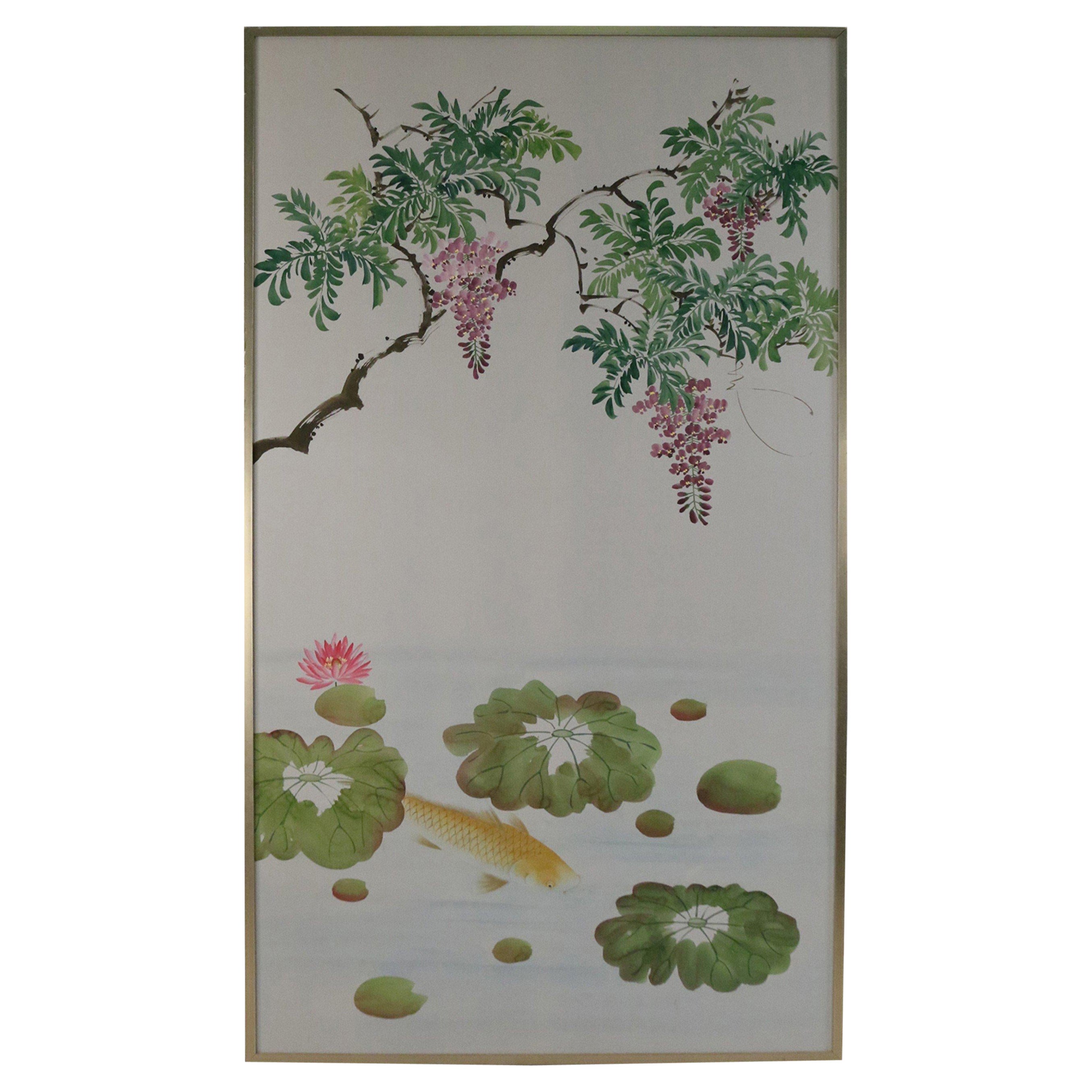 Pair of Mid-Century Koi Fish and Tree Painted Silk Panels For Sale