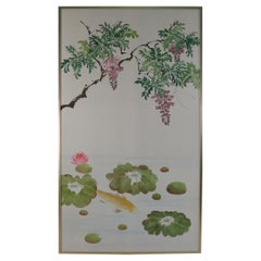 Pair of Mid-Century Koi Fish and Tree Painted Silk Panels