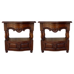 Antique 19th Century Pair of Catalan, Spanish Nightstands with Drawers & Low Open Shelf