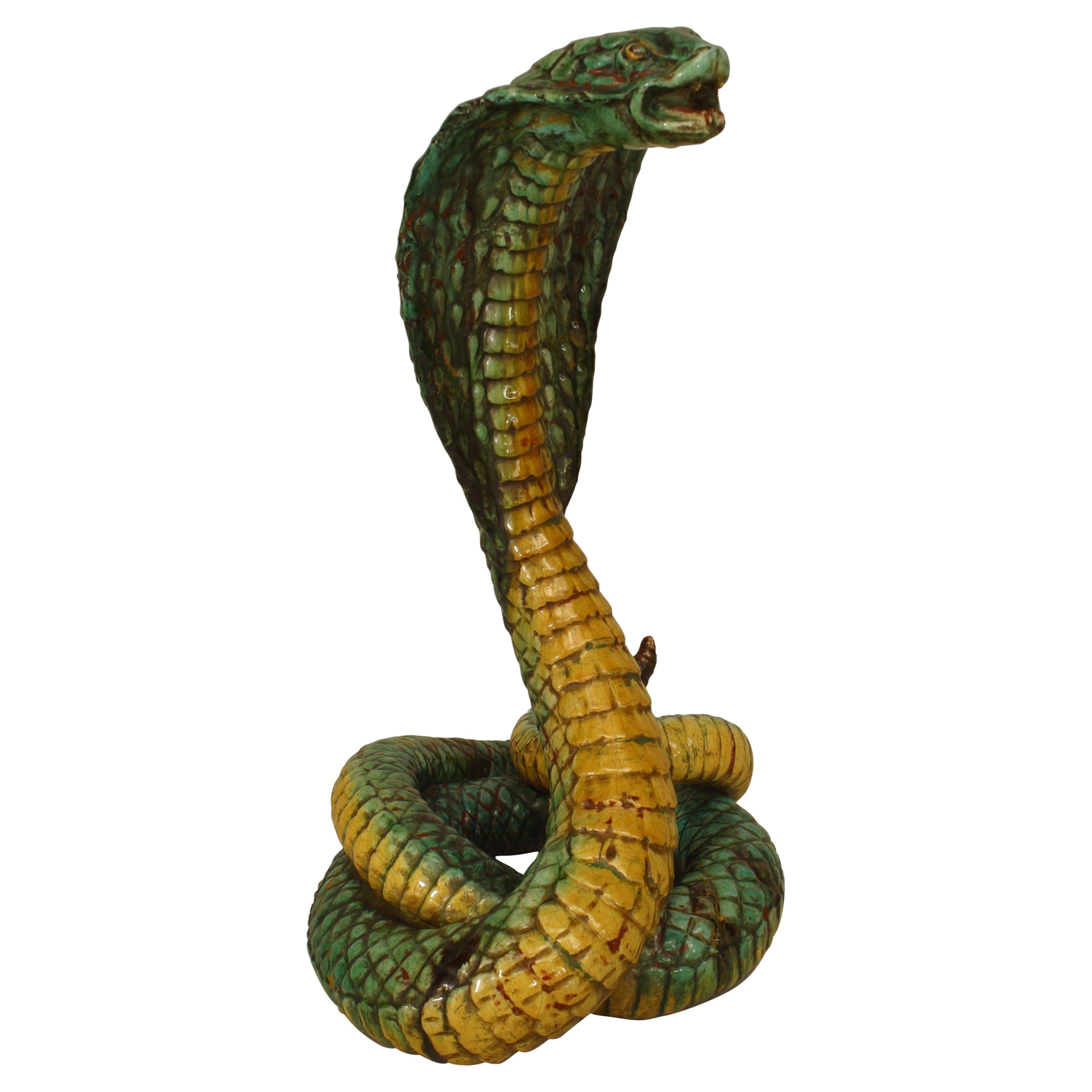 Middle Eastern Large Majolica Cobra Snake Sculpture For Sale
