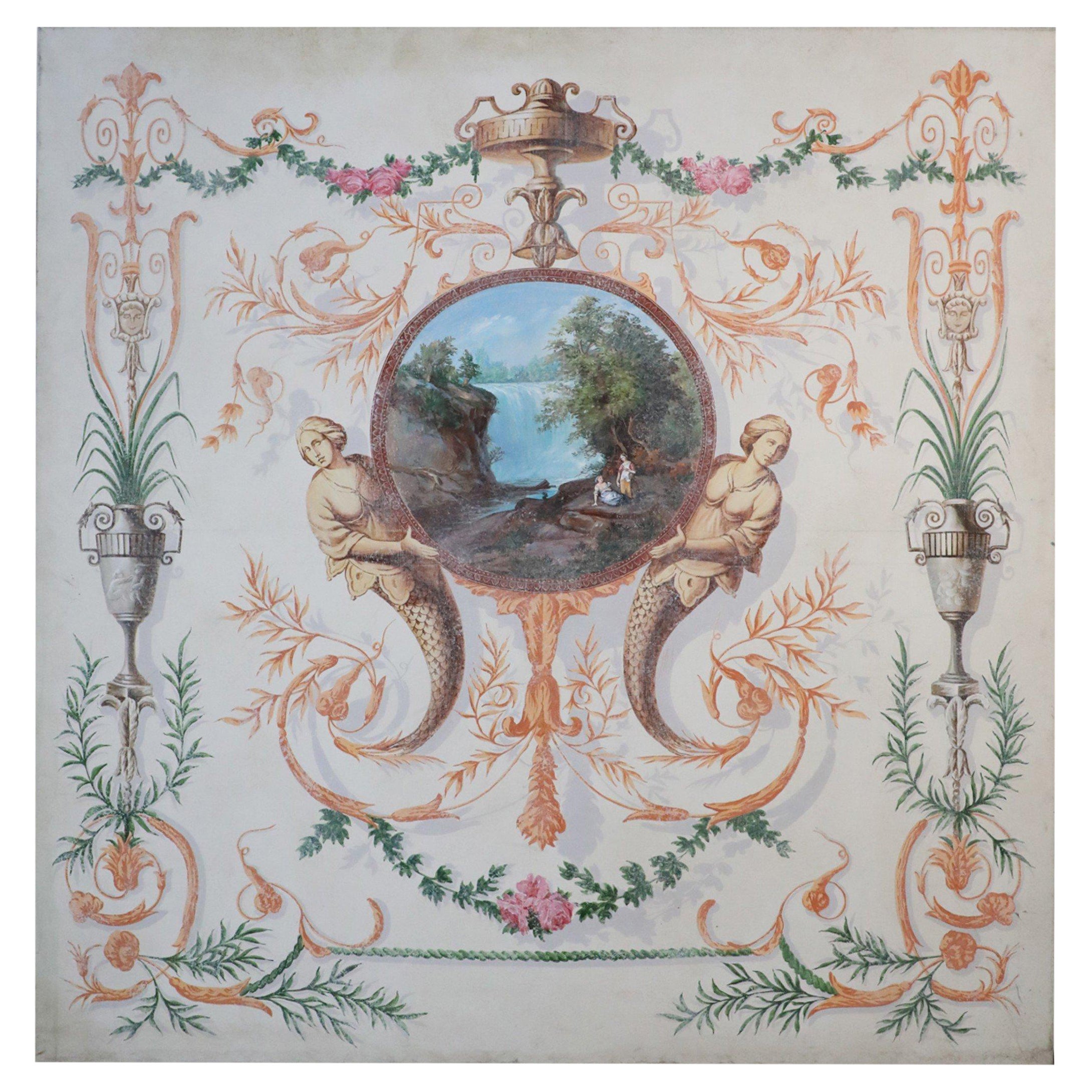 Neoclassical Landscape Painting with Floral and Mermaid Ornamentation