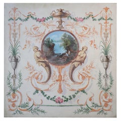 Vintage Neoclassical Landscape Painting with Floral and Mermaid Ornamentation