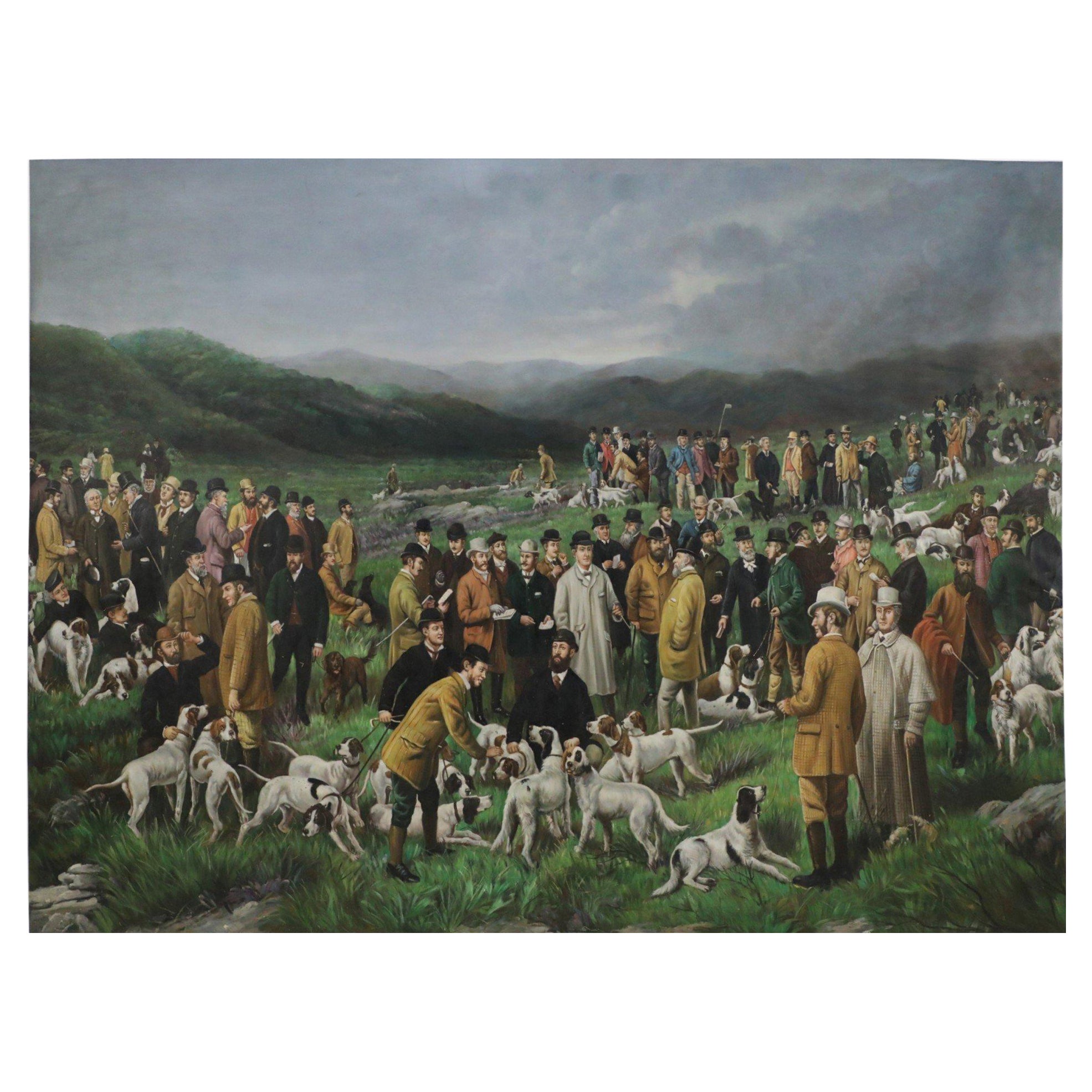 Large Men and Dogs Gathering for the Hunt Painting on Canvas For Sale