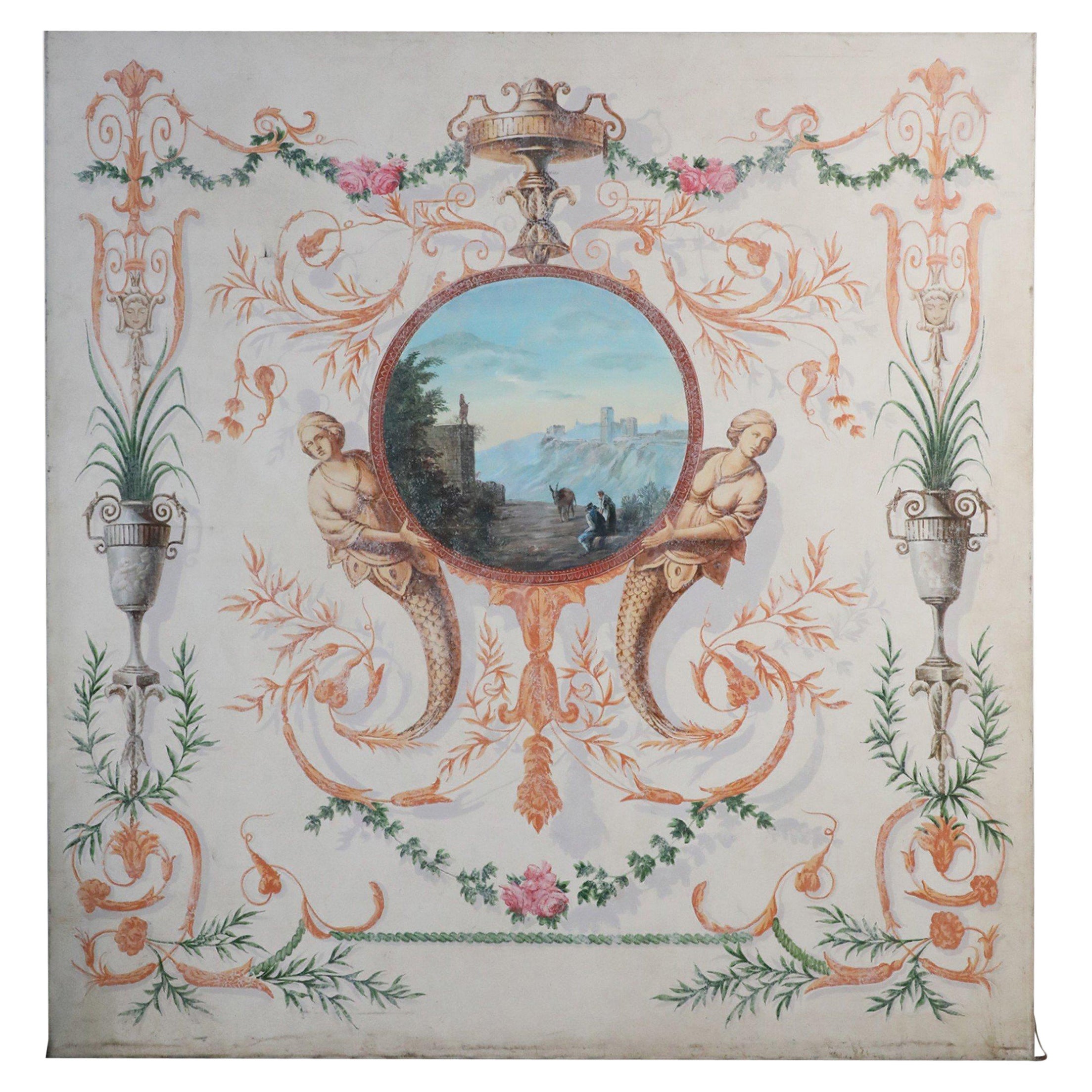 Neoclassical Landscape Painting with Mermaid and Floral Ornamentation