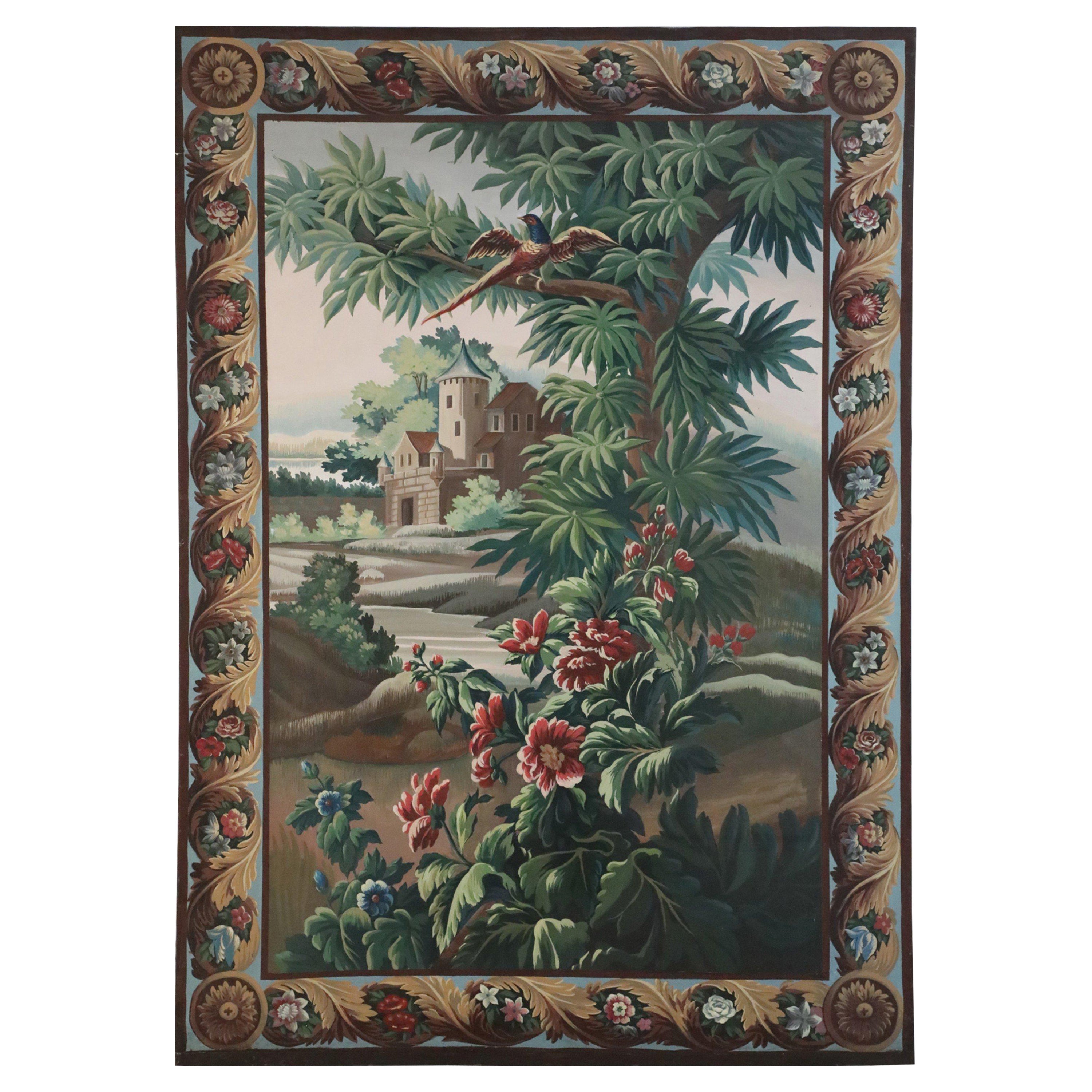 Peinture à l'huile sur toile - Paysage de style tapisserie d'Aubusson