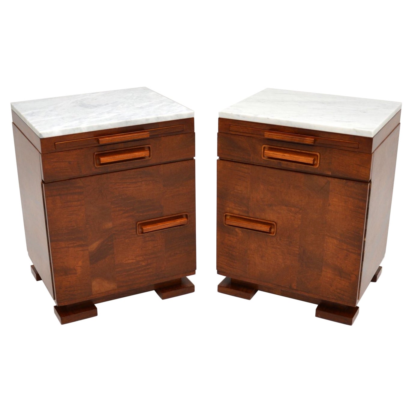 Pair of Art Deco Satin Birch Marble Top Bedside / Side Cabinets