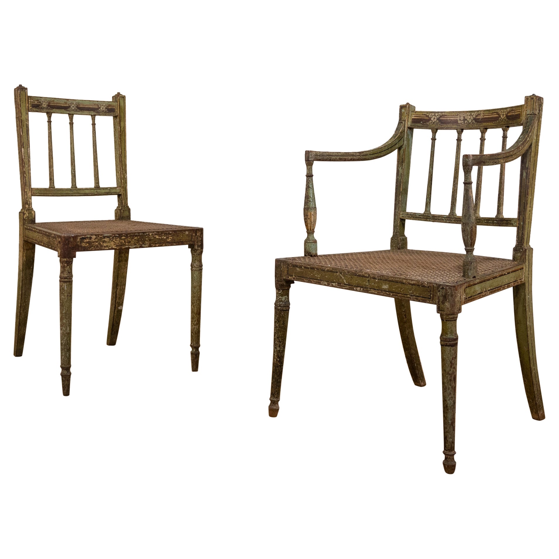 Charming Near Pair of Regency Green Painted Occasional, Elbow Chairs