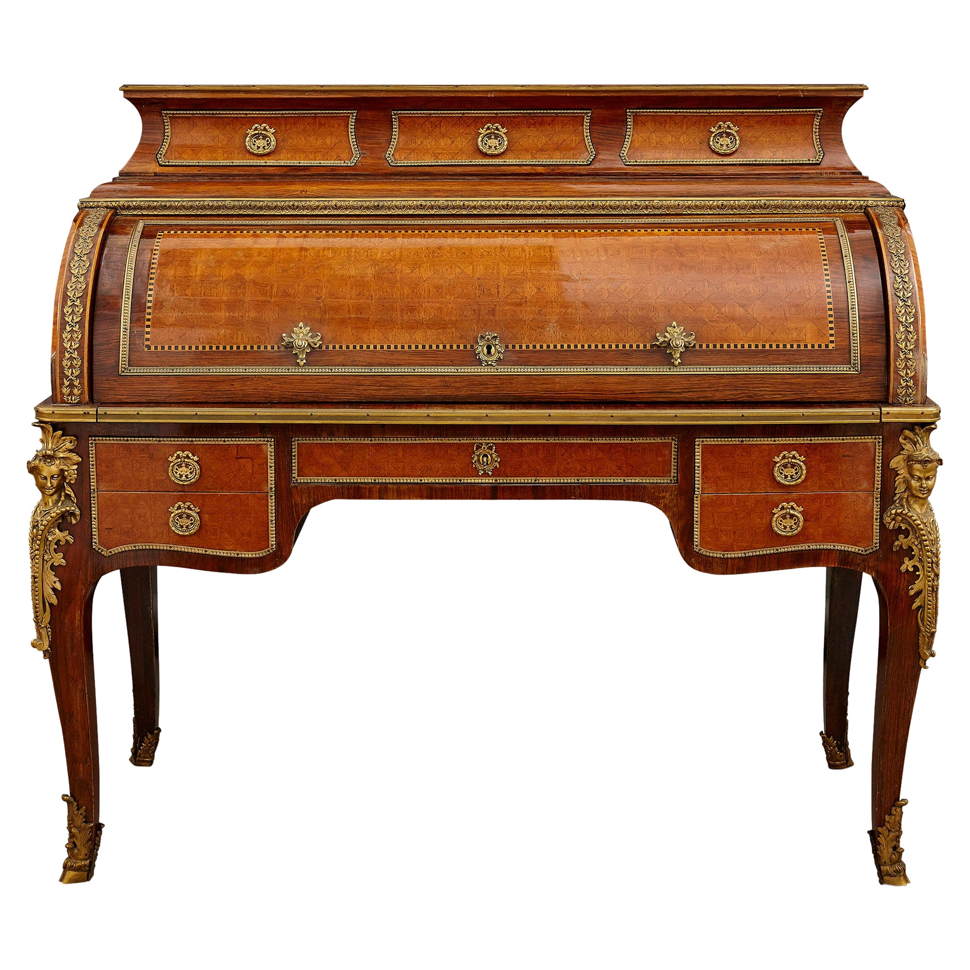 Transitional Style Gilt Bronze Mounted Roll Top Bureau For Sale