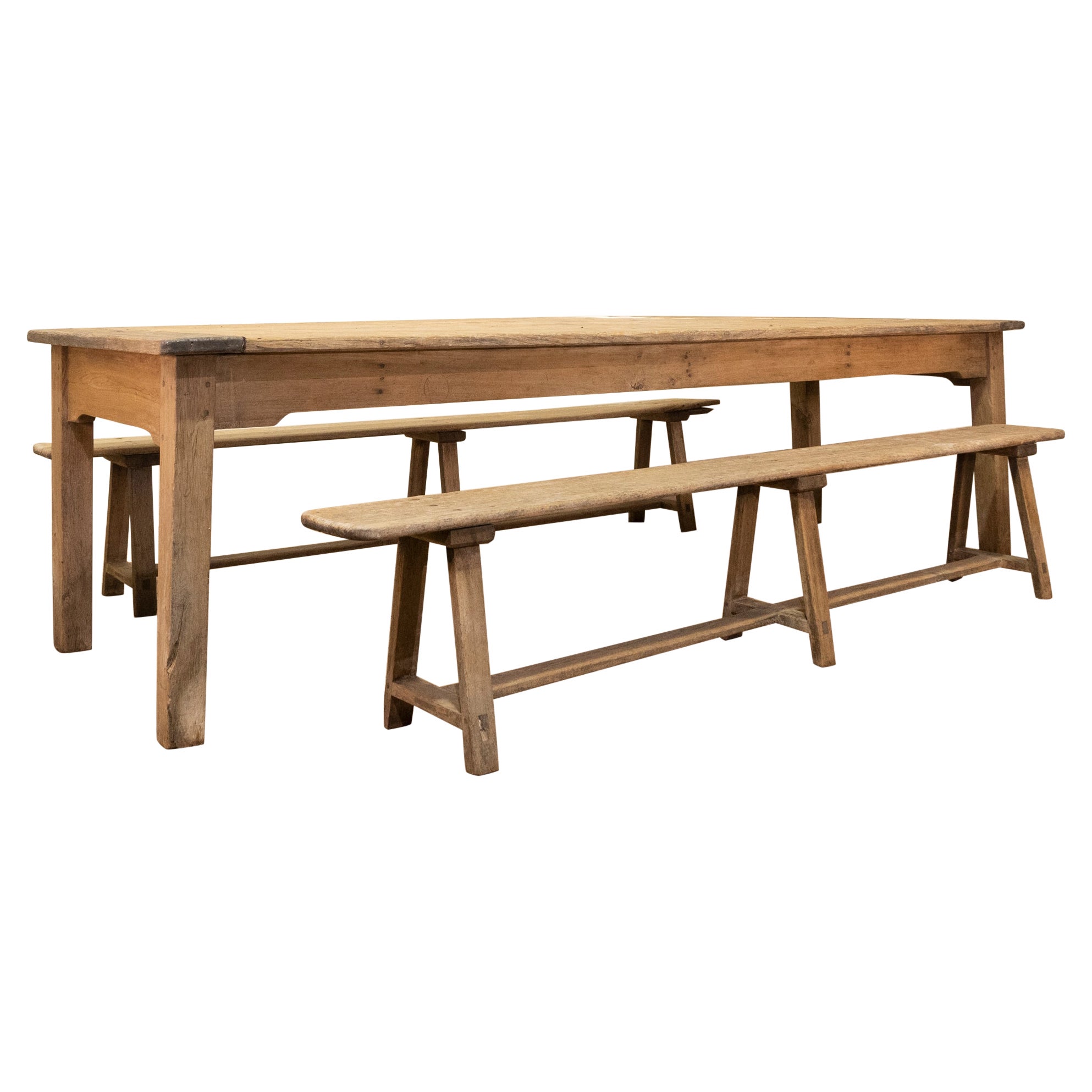 Large Scale 19th Century French Sycamore & Oak Farmhouse Table & Benches