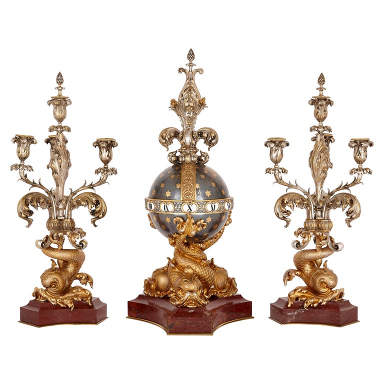 Marble, Silvered Bronze, and Ormolu Clock Set by Barbedienne