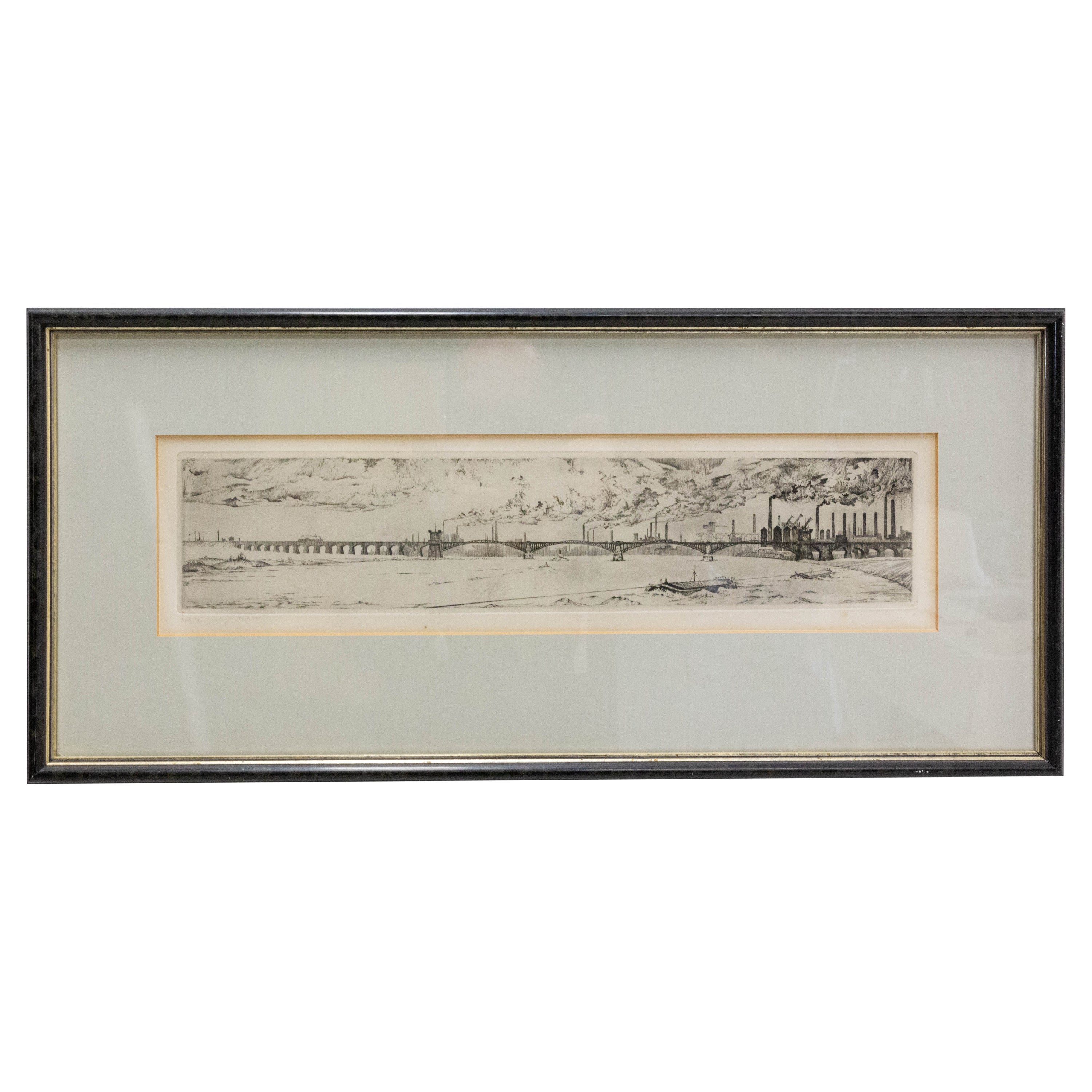 Engraving Industrial Landscape Railway Bridge, Germany, Late 19th Century For Sale
