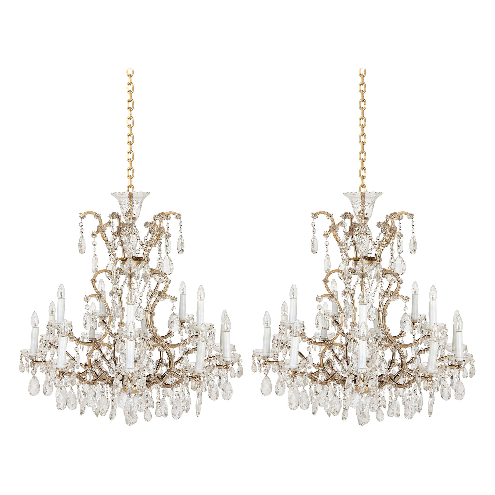 Pair of Bohemian Faceted Glass Rococo Style Chandeliers For Sale