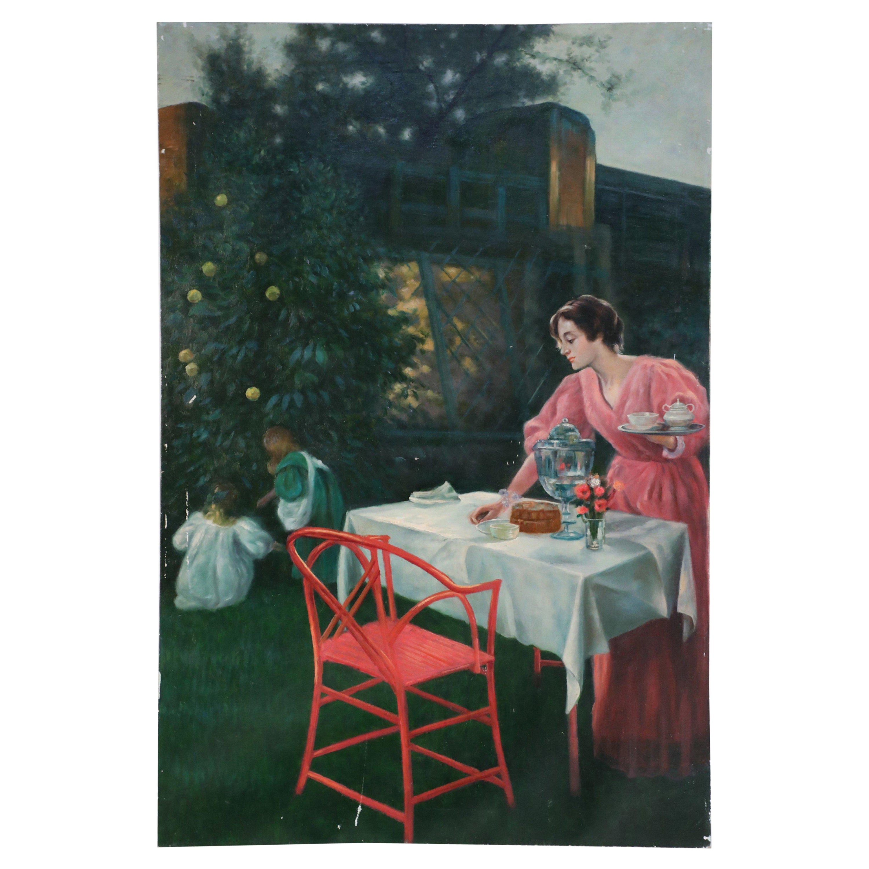 Peinture à l'huile sur toile - Femme et enfants à l'extérieur pour le thé en vente