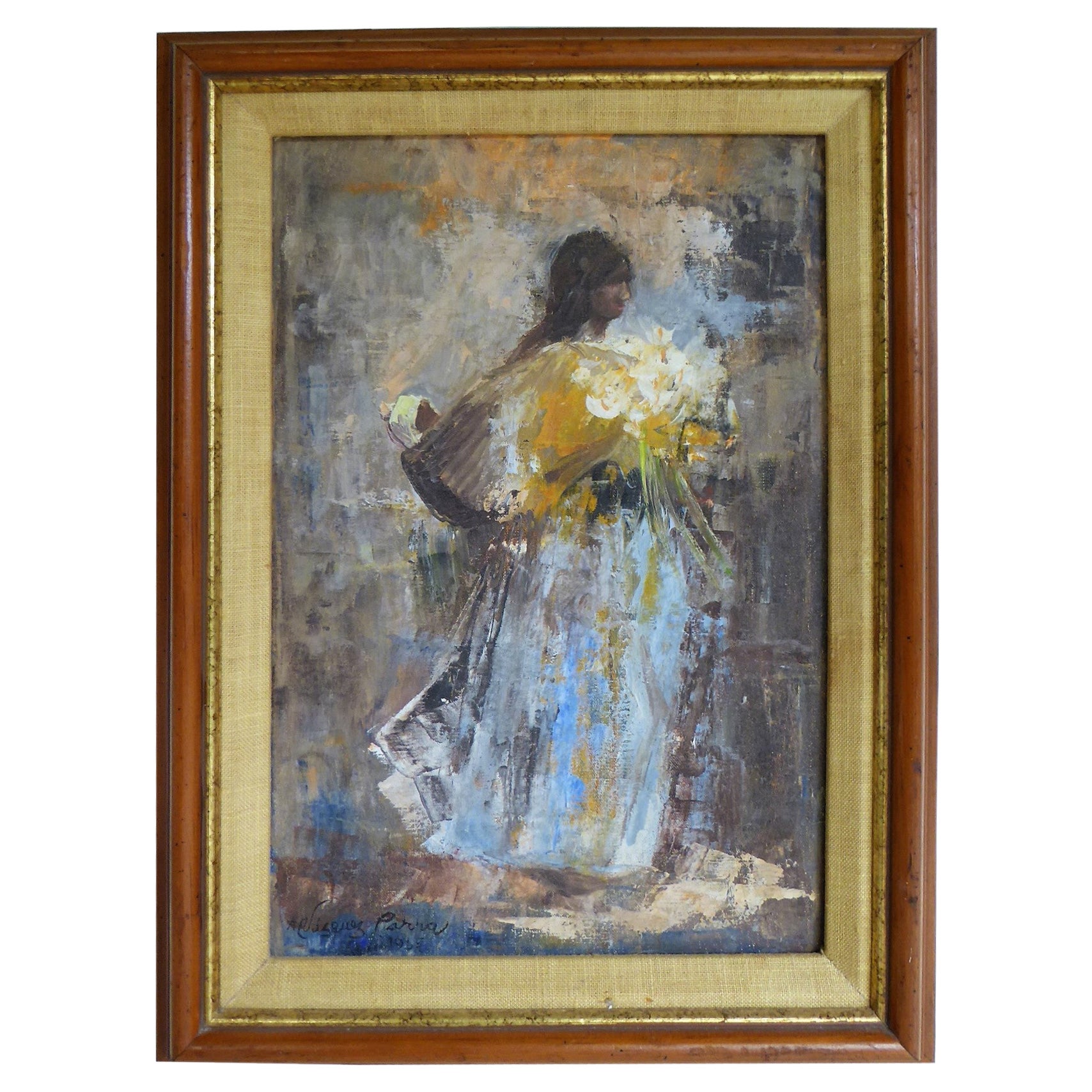 1965 Vasquez Parra Framed Impressionist Oil/Canvas Mother & Child w Calla Lilies