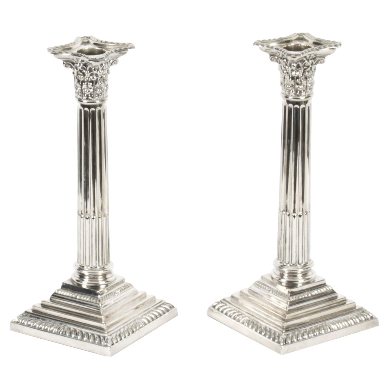Antique Pair Silver Plated Candlesticks Corinthian column Late 19th C