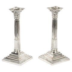 Antique Pair Silver Plated Candlesticks Corinthian column Late 19th C