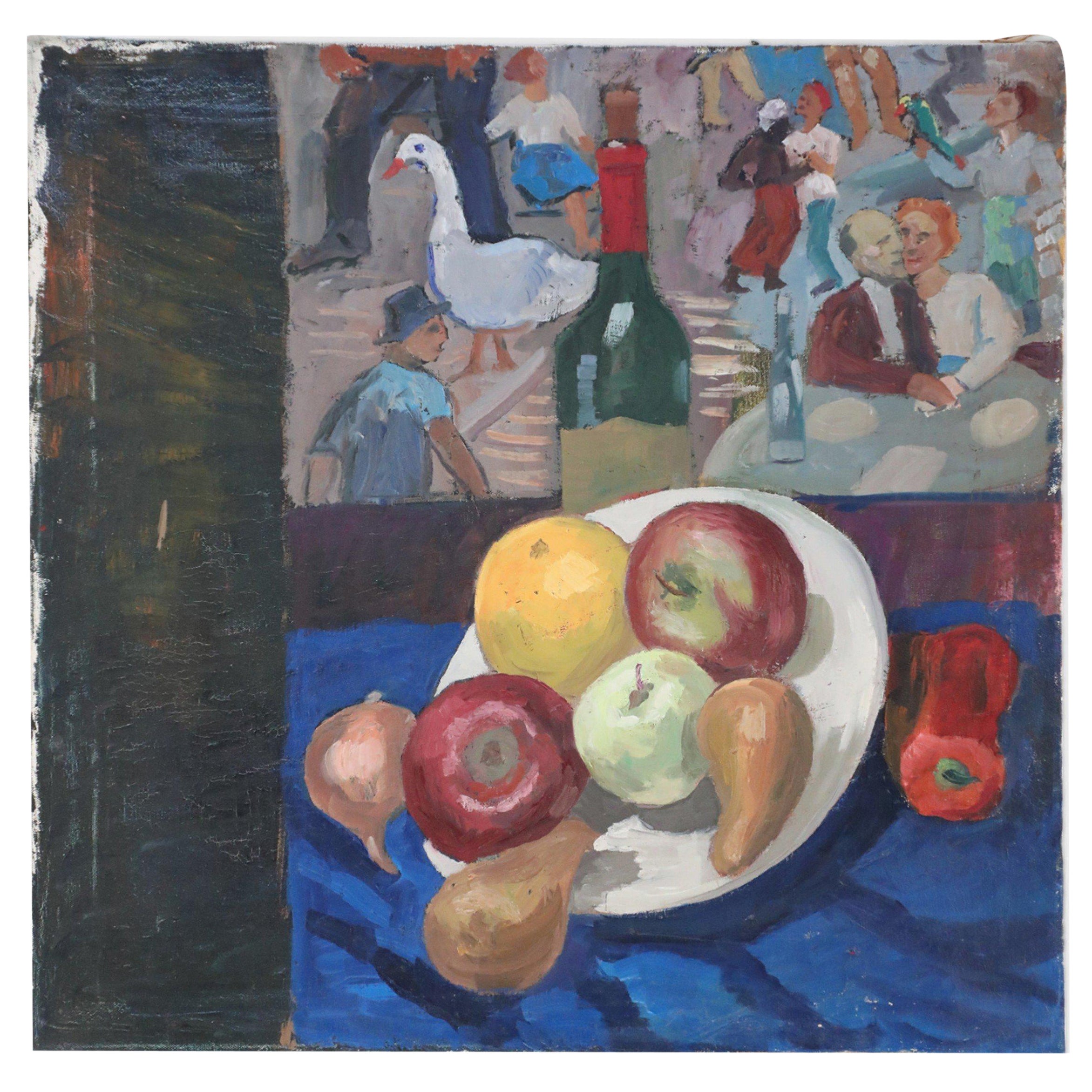 Vintage Bowl of Fruit and Street Scene Painting on Canvas For Sale