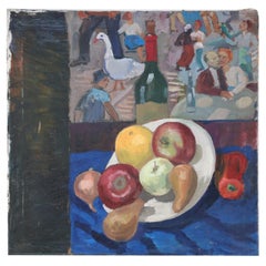Vintage Bowl of Fruit and Street Scene Painting on Canvas