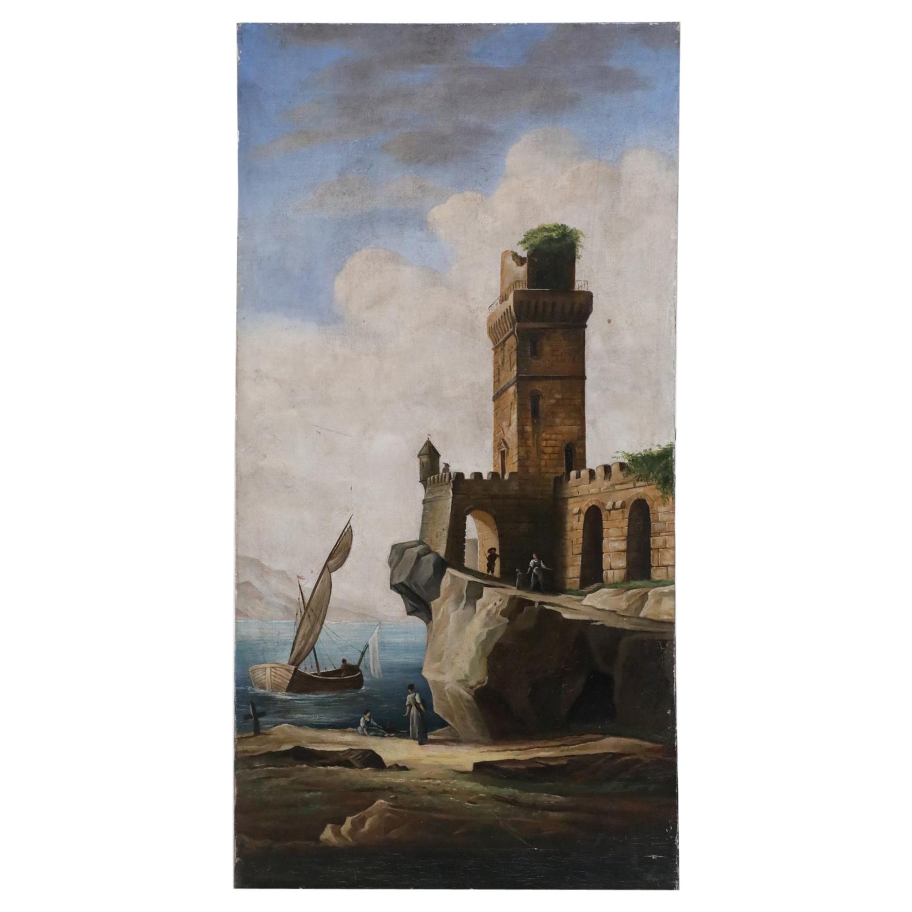 Castle on a Rocky Cliff at Sea Oil Painting on Canvas For Sale