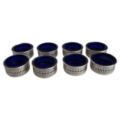 Salières anglaises en argent sterling et verre cobalt, lot de 8