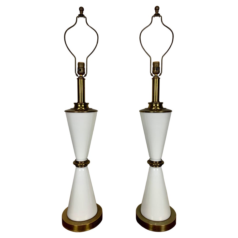 Milk Glass and Brass Hourglass Shaped Table Lamps