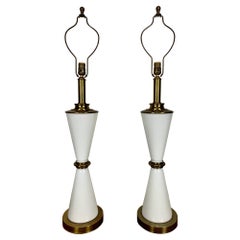 Vintage Milk Glass and Brass Hourglass Shaped Table Lamps