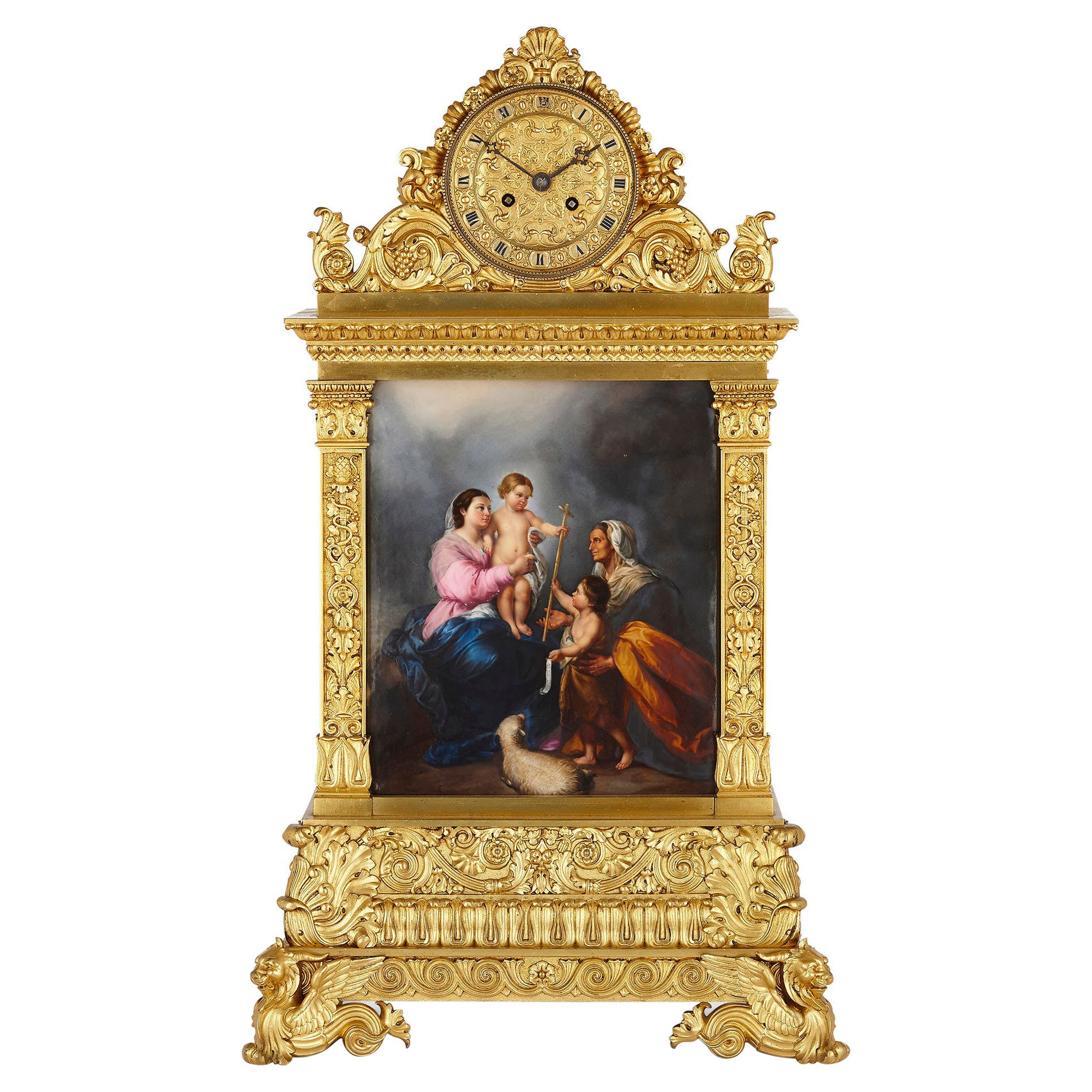 Large French Baroque Style Gilt Bronze and Porcelain Mantel Clock