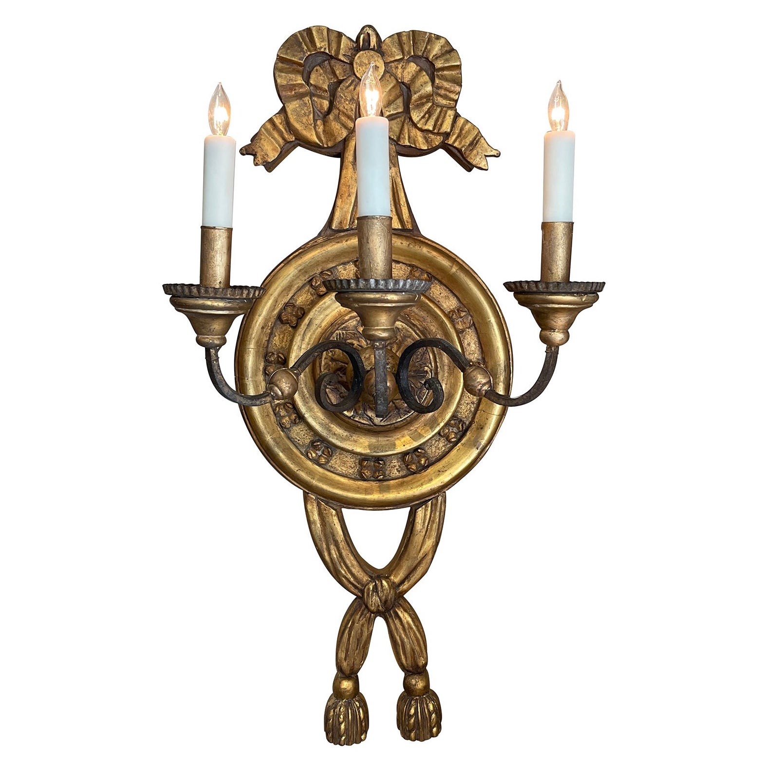 Grande applique murale italienne de style baroque à 3 bras en bois doré et fer, désormais électrifiée