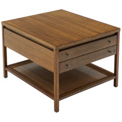 Paul McCobb Side Table / Nightstand, Two Drawers, Cane Shelf, Original Pulls