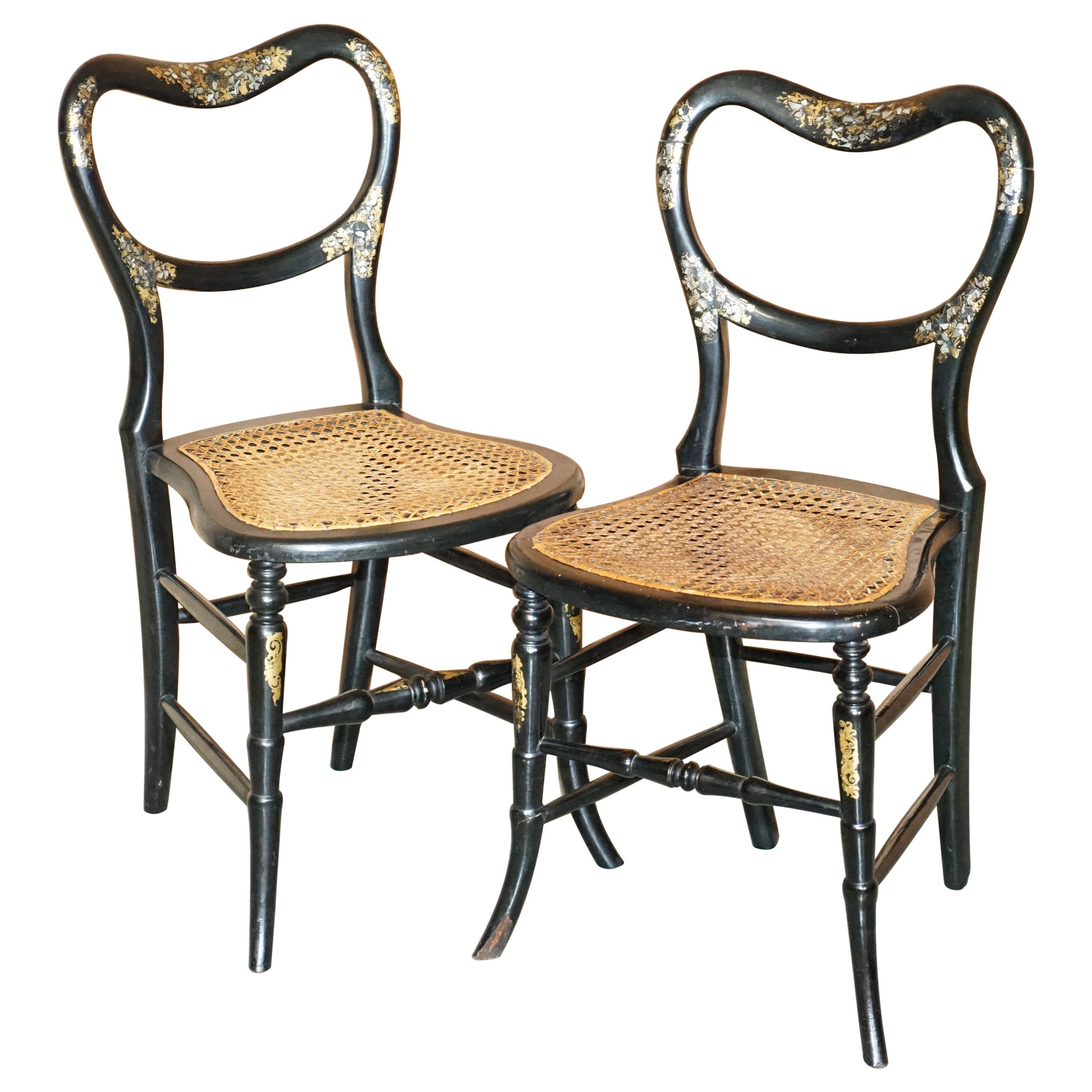 Pair of Antique Regency Bergere Mother of Pearl Ebonised Side Occasional Chairs