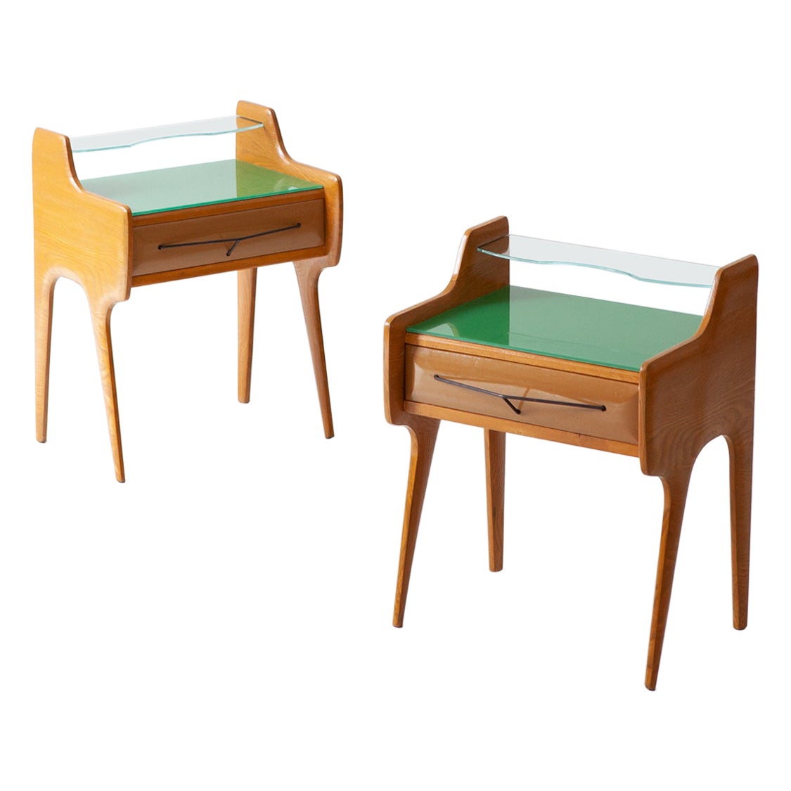 Pair of Bedside Tables in Oak with Green Glass Top, Italy, 1950s