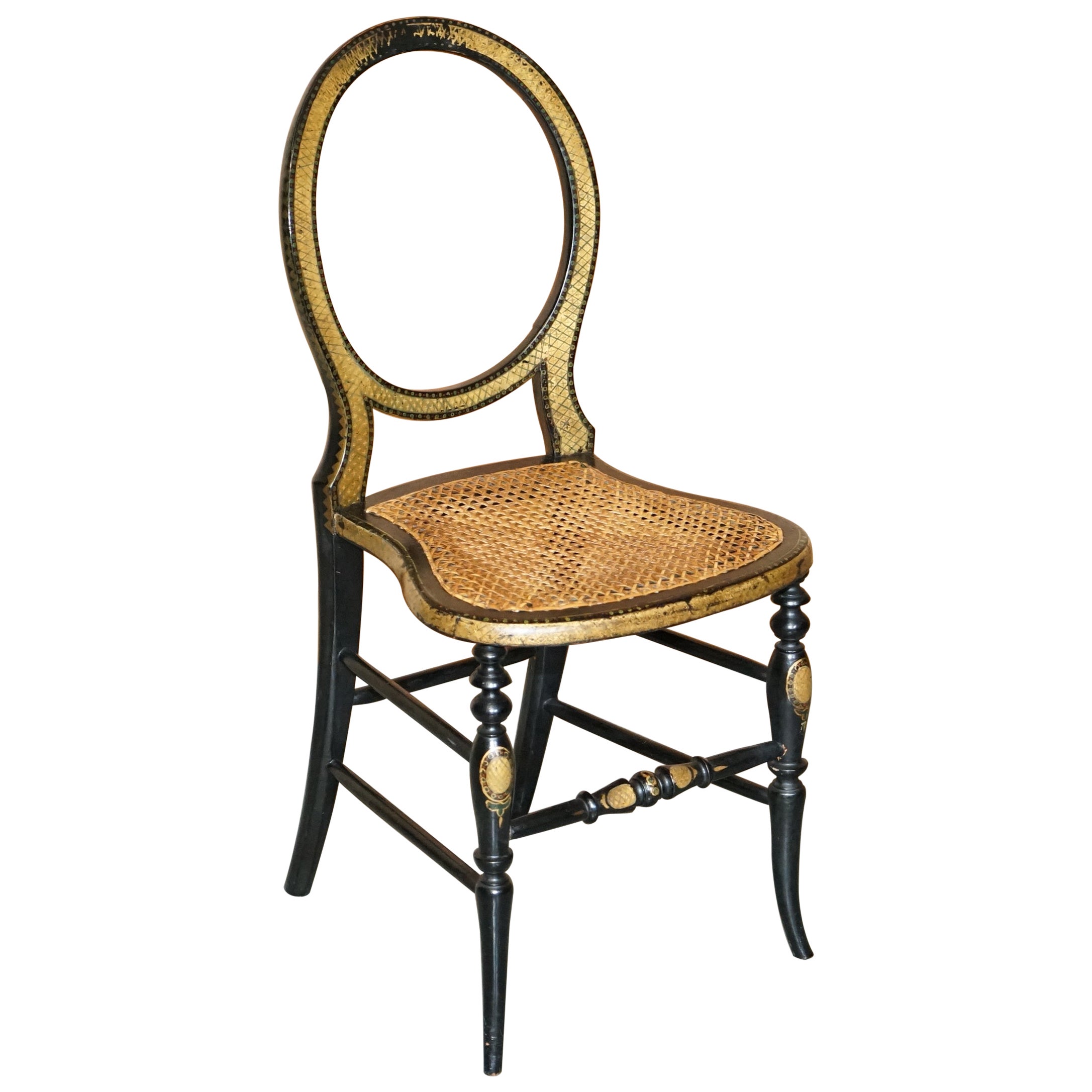 Stamped Circa 1815 Jennens & Bettridge Ebonsied Gold Leaf Painted Regency Chair