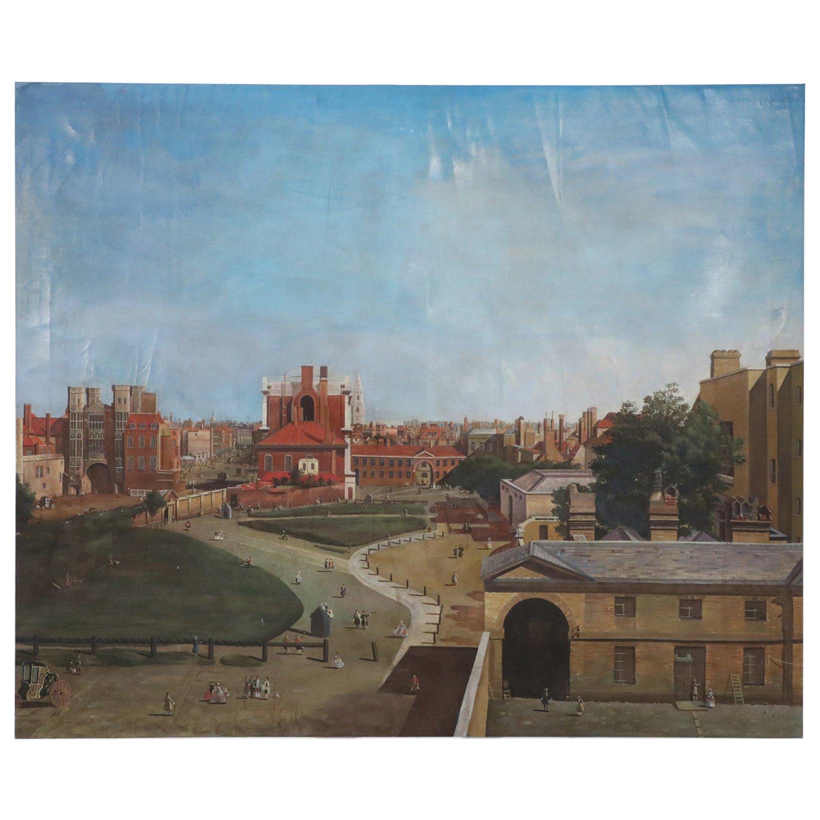 Town Square Aerial View Oil Painting on Canvas For Sale