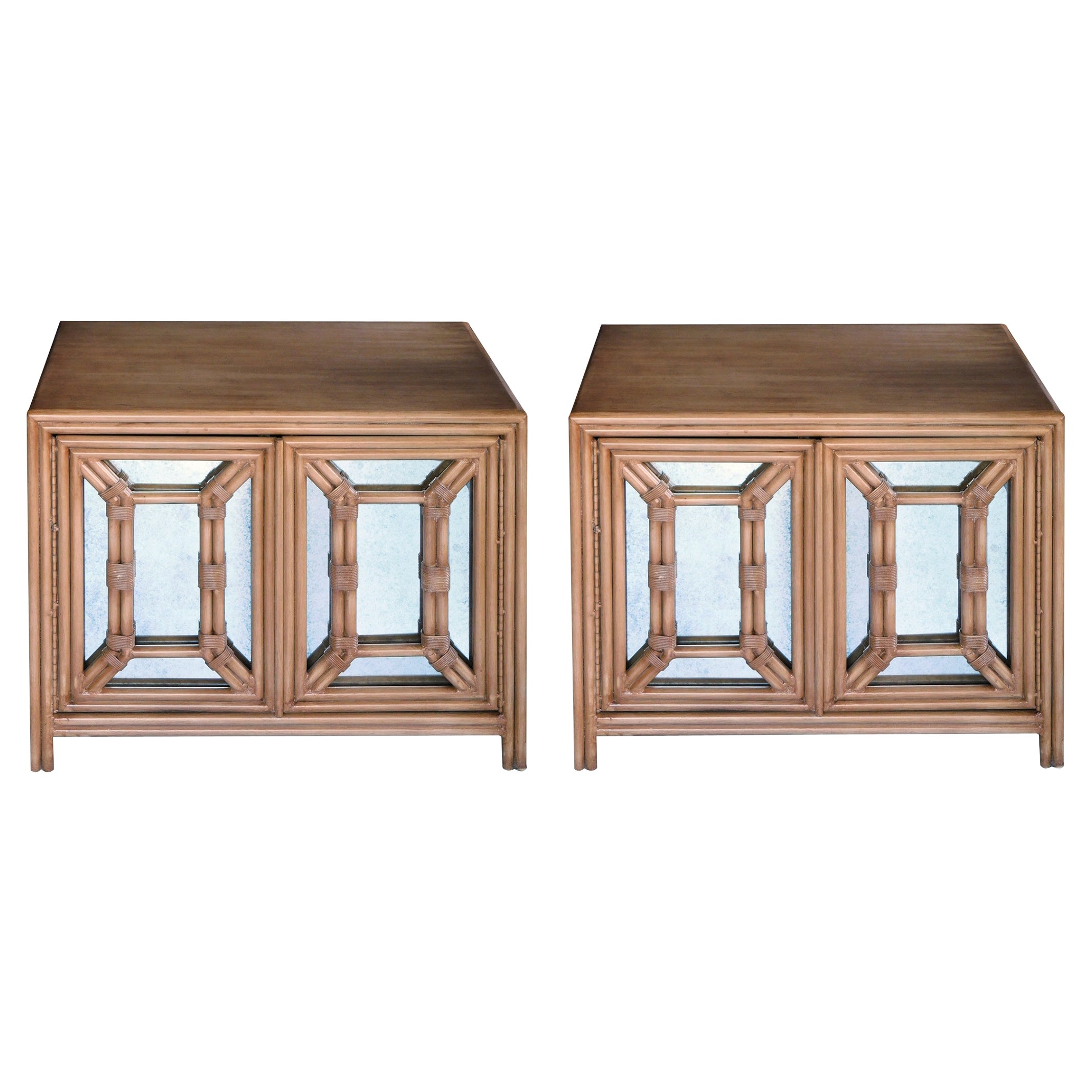 Hollywood Regency Painted Faux Bamboo and Mirrored 2-Door Cabinets For Sale